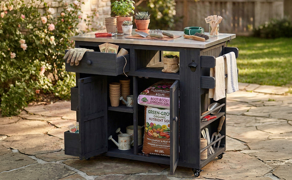 Outdoor Solid Wood Kitchen Island with Extendable Stainless Steel Top - Black, Brown, Gray