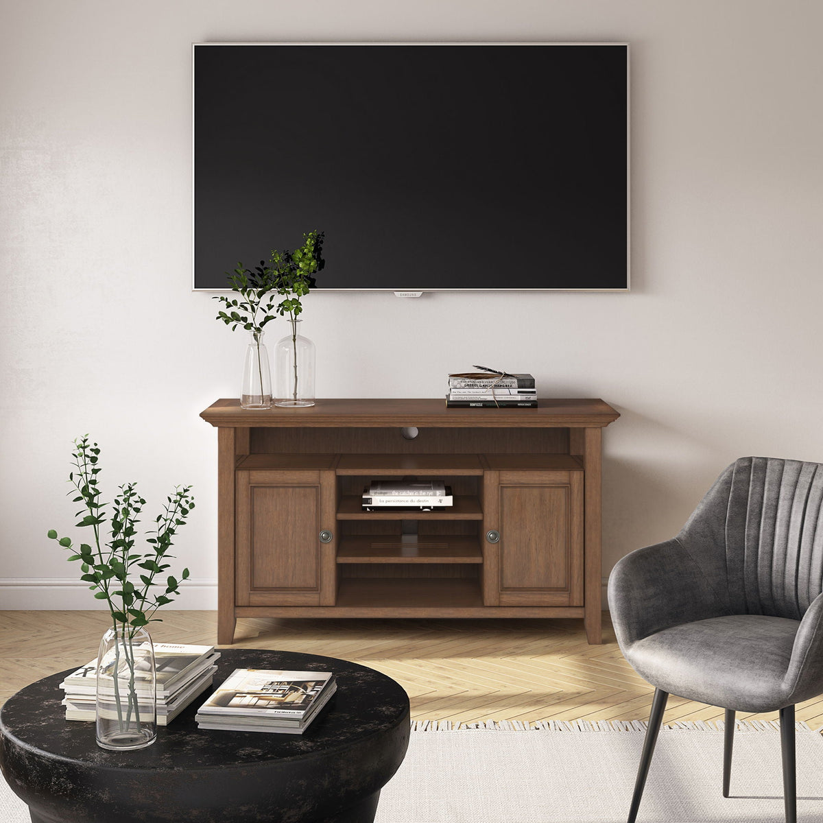 Rustic Natural Aged Brown TV Media Stand with Adjustable Shelves - Dark Brown