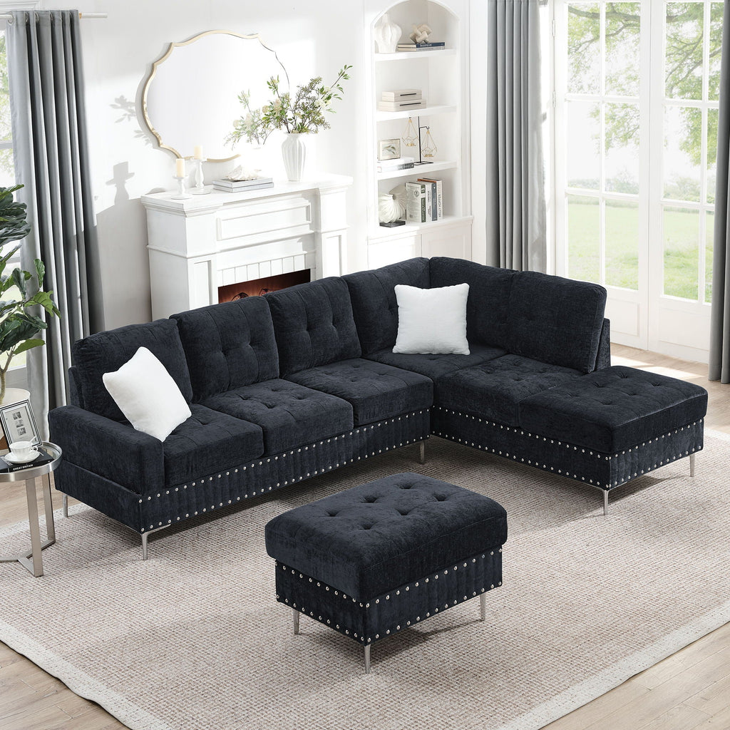 L-Shaped Sectional Sofa with Chaise and Storage Ottoman - Blue or Black