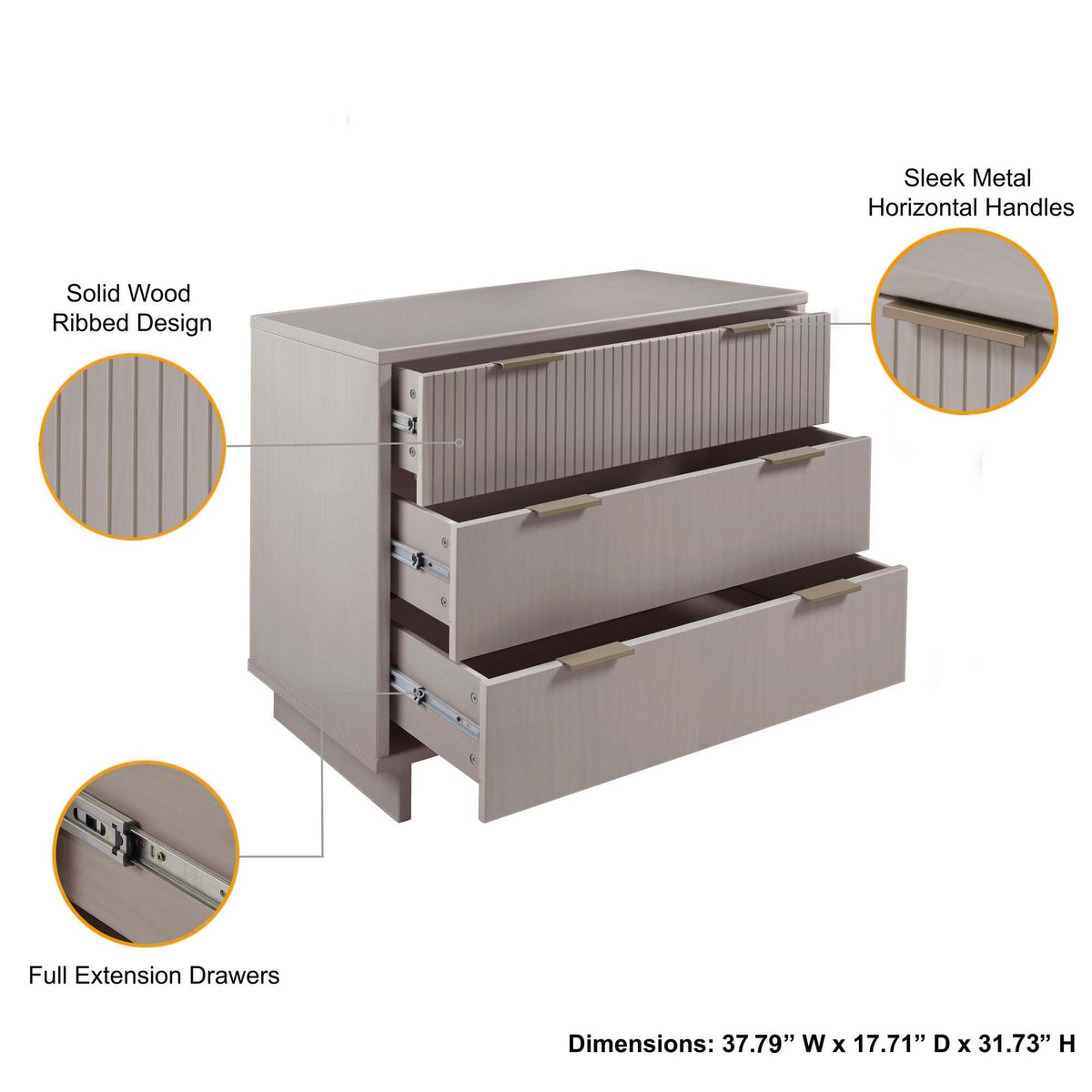 Solid Wood 3 Drawer Dresser with Ribbed Fronts - Multiple Colors