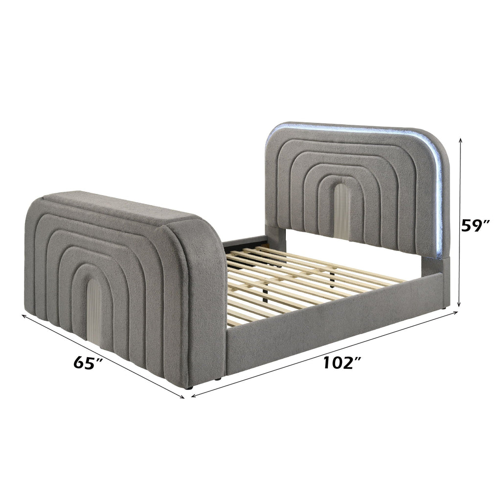 Upholstered Bed with LED, TV Stand & Bluetooth Fireplace - Dark Gray