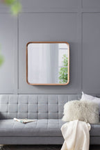 Square Mirror with Wood Frame, Minimalist Wall Mirror with Curved Edges - Brown