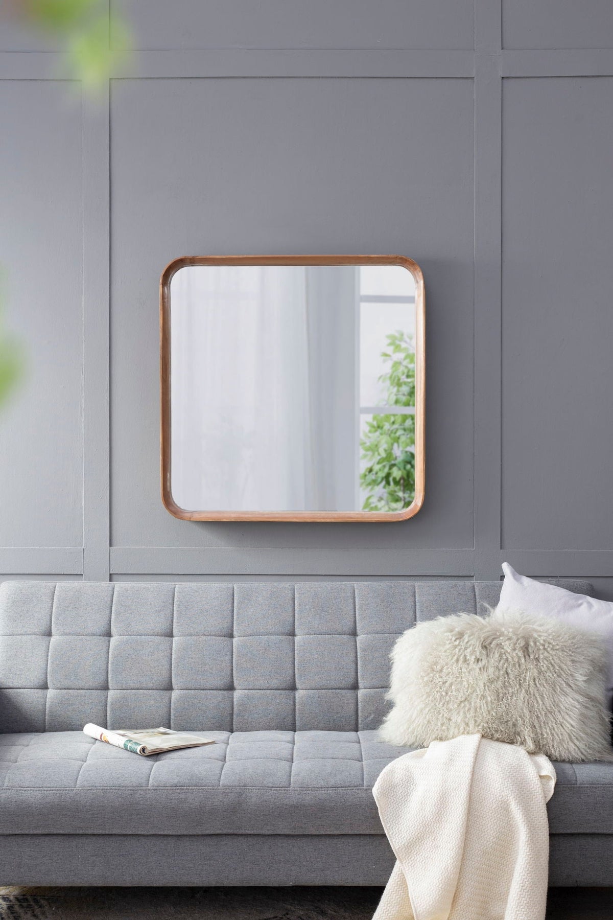 Square Mirror with Wood Frame, Minimalist Wall Mirror with Curved Edges - Brown