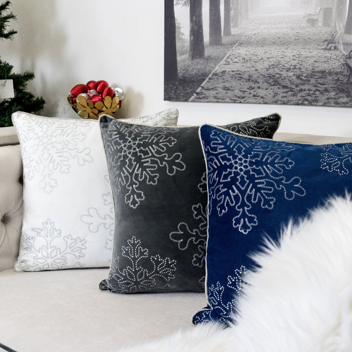 Blue Velvet Holiday Throw Pillow with Silver Snowflakes - Blue