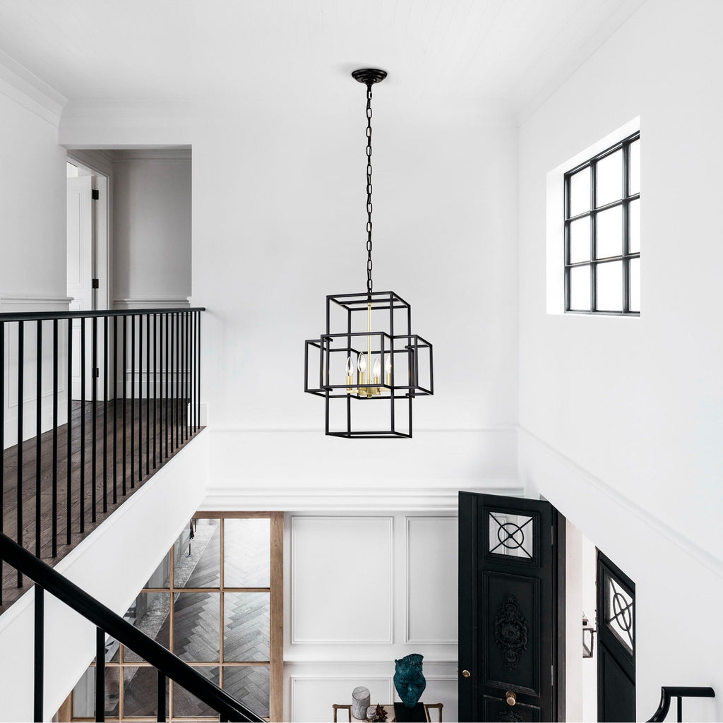 4 Light Metal Lantern Pendant Light with Adjustable Height - Black or Gold