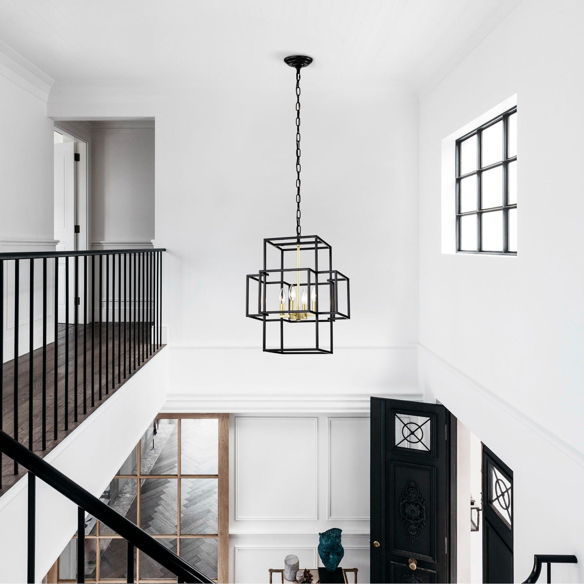 4 Light Metal Lantern Pendant Light with Adjustable Height - Black or Gold