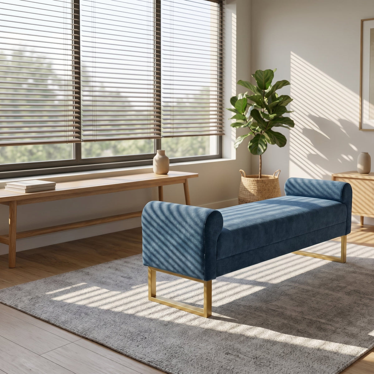 65" Chenille Ottoman Bench with Upholstered Wood Frame - Neutral