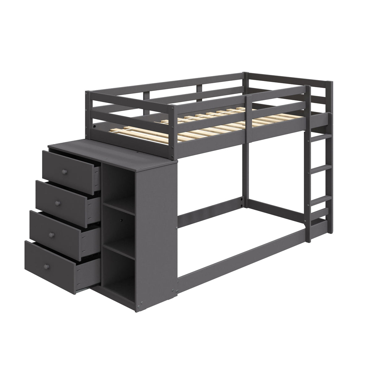 Gray Twin Over Twin Bunk Bed with 4 Drawers and Compartments
