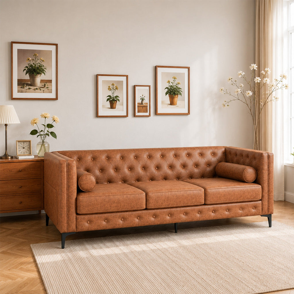 Elegant Button Tufted Sofa with Metallic Legs - Faux Leather