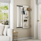 Full Length Wall Mounted Mirror with Shelf and Hook - Dark Brown, White, or Light Brown