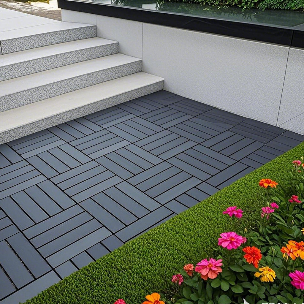 Plastic Interlocking Deck Tiles with Waterproof Construction - Dark Gray or Dark Brown