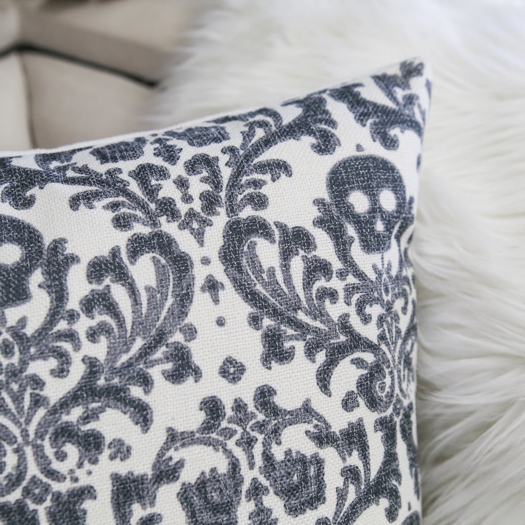 Baroque Skull Damask Accent Pillow with Removable Cover - Black & White
