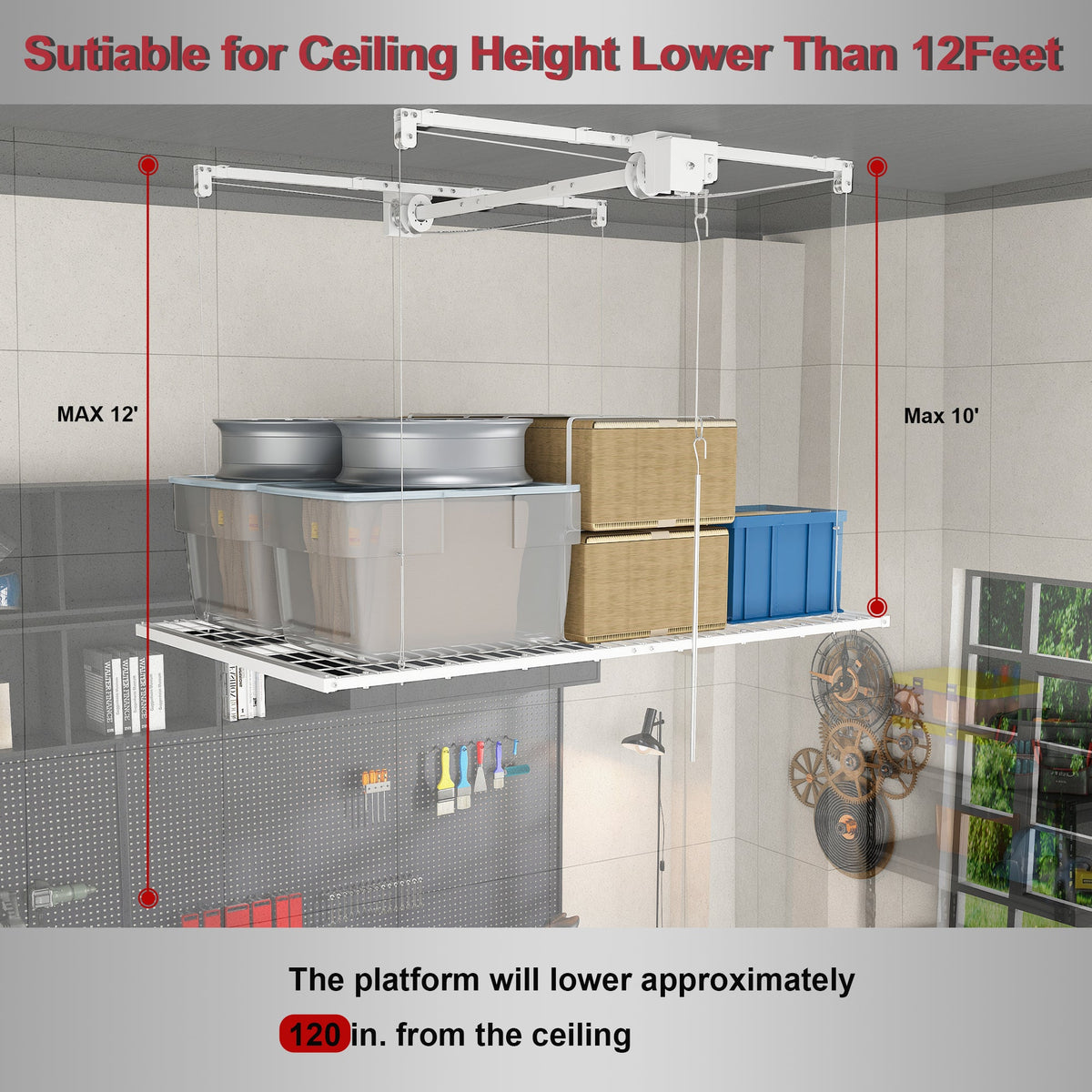 Overhead Garage Storage Rack with All-Steel Construction - White