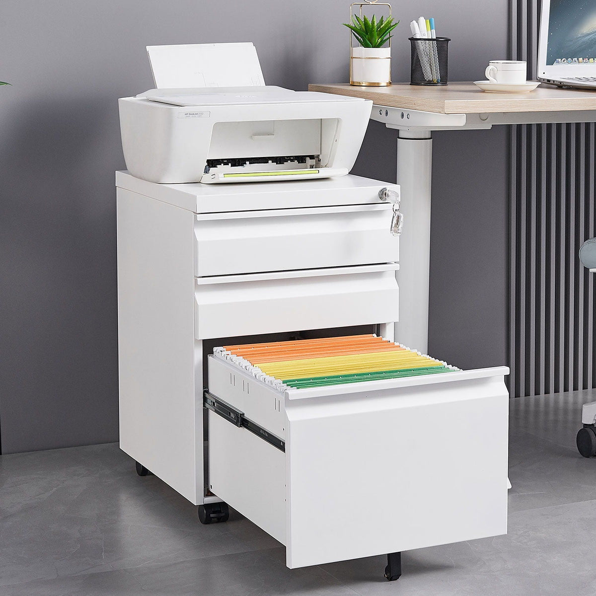 Contemporary 3 Drawer Mobile Filing Cabinet With Lock