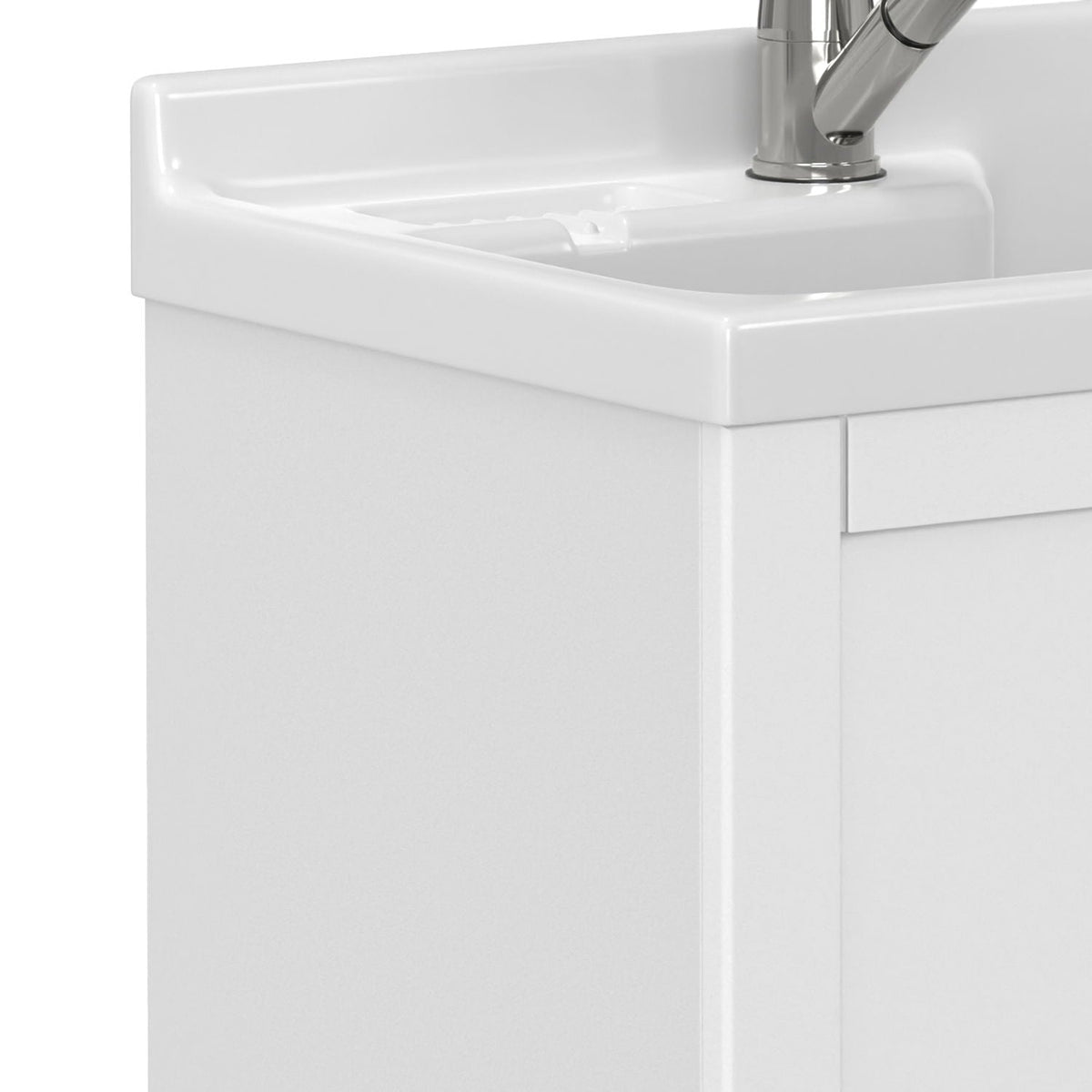 White Laundry Cabinet with Stainless Steel Sink and Pull-Out Faucet
