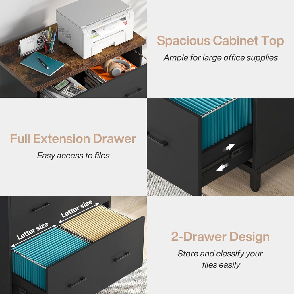2 Drawer Lateral File Cabinet with Heavy Duty Steel Frame - Brown/Black