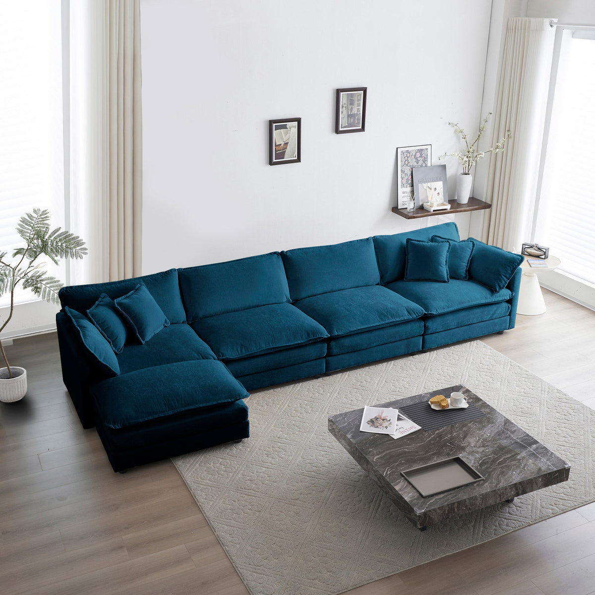 Modular U Shaped 5-Seater Sectional Sofa with Ottoman - Blue Chenille