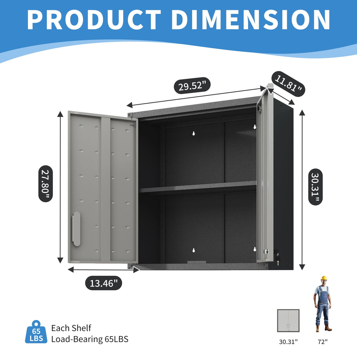 Metal Wall Mounted Tool Storage Cabinet with 2 Locking Doors and Adjustable Shelf - Gray or Black