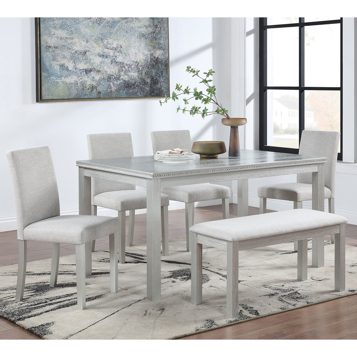 Dining Table Set with Crystal Decoration and Upholstered Chairs - Gray or White