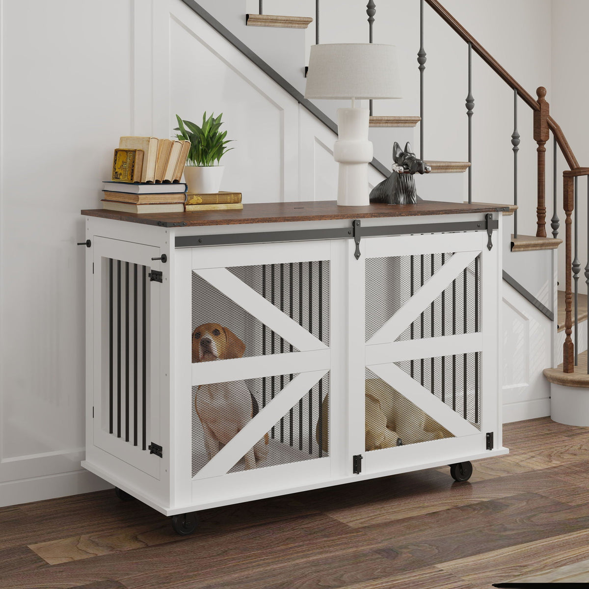 Mobile Dog Crate With Flip Top Feeding Door, Dual Access & 5 Caster System