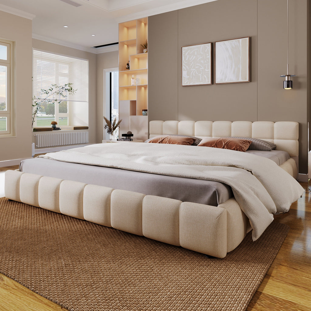 Elegant Chenille Upholstered Bed with Checkerboard Headboard - Beige