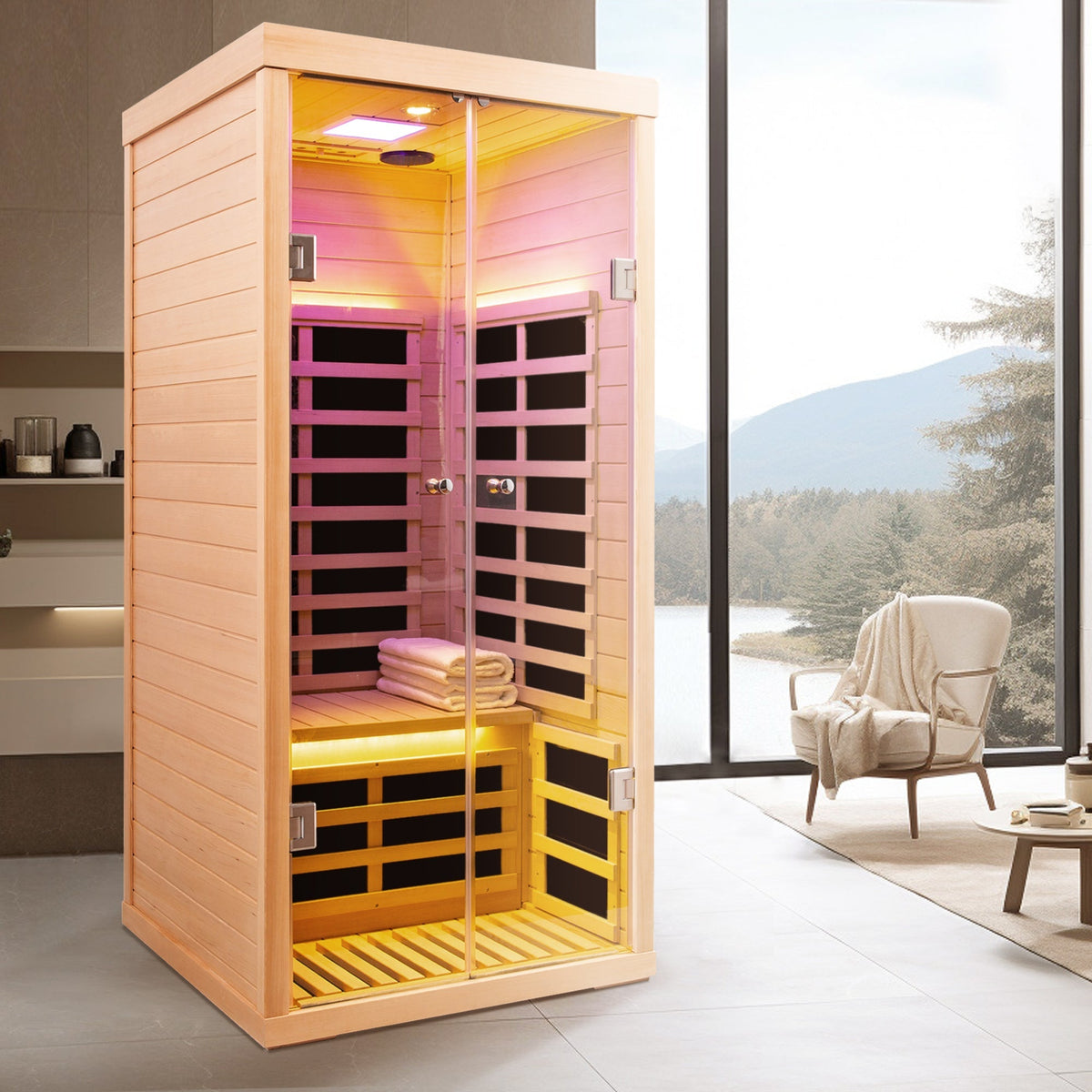 Low EMF Infrared Double Sauna Room with Bluetooth & LED Lighting - Natural Wood