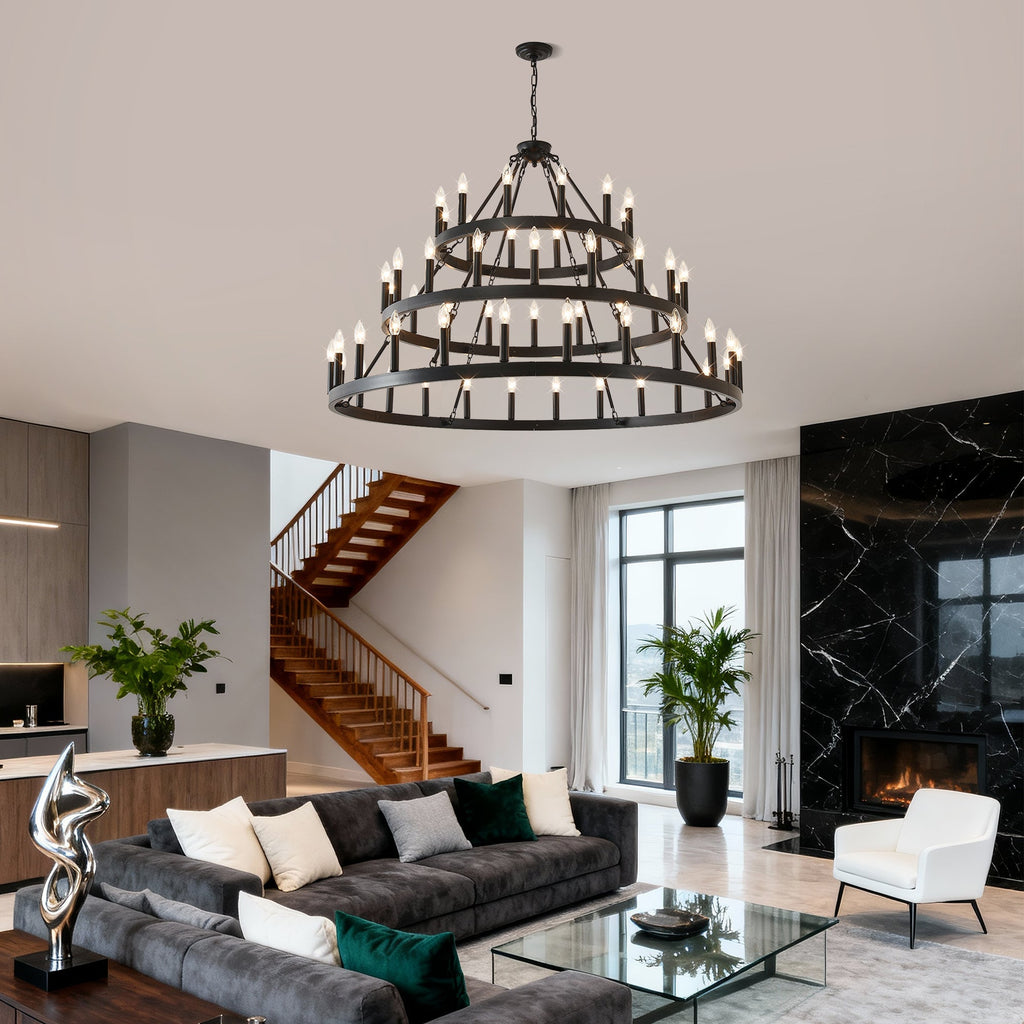 3 Tiers Wagon Wheel Chandelier with 54 Lights - Matte Black