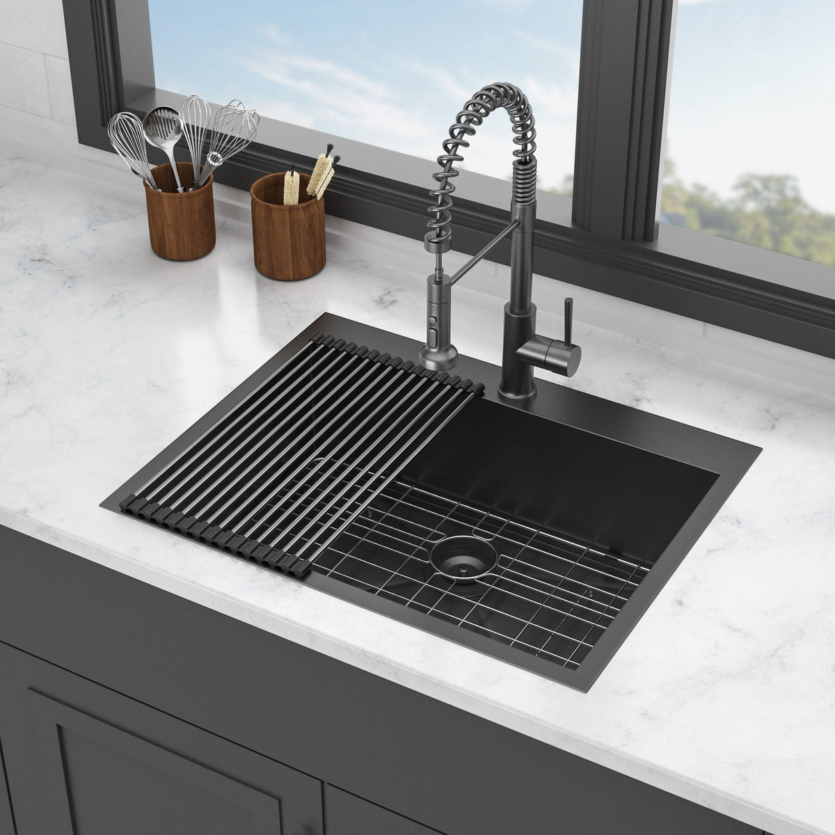 Drop In Kitchen Sink with Nano Technique Gunmetal Finish - Black