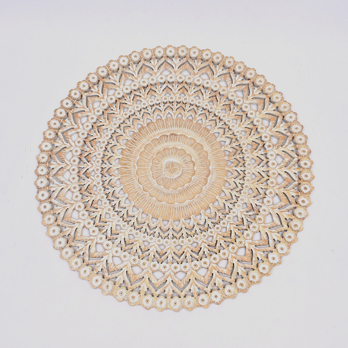 Floral Hand Carved Mandala Round Wall Decor with Intricate Carving - Brown / Antique White