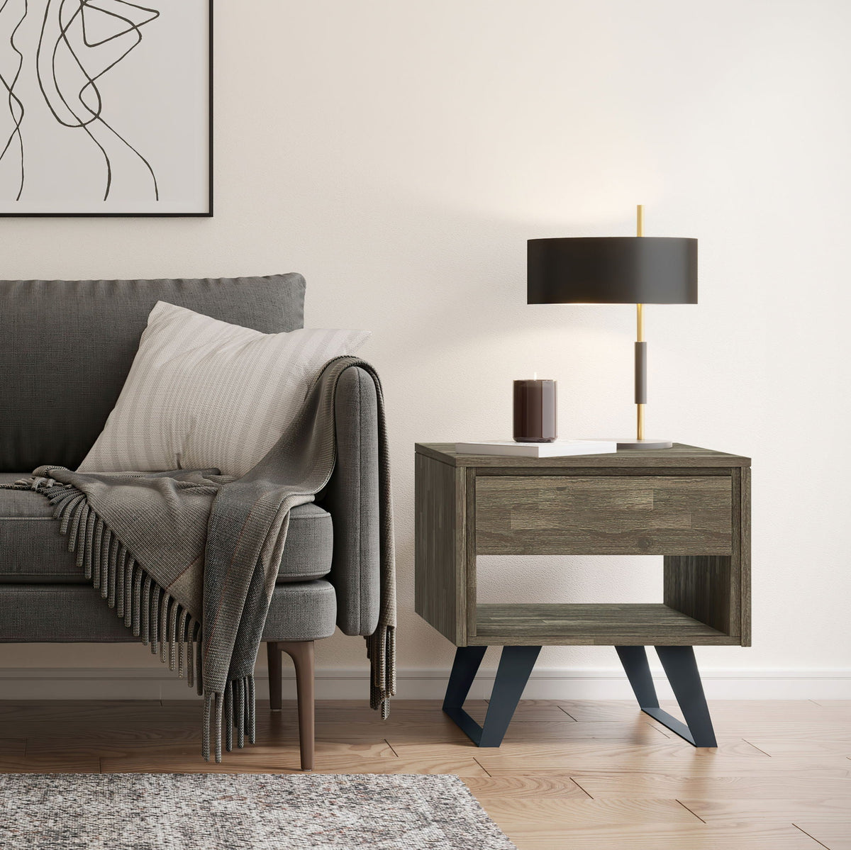 Handcrafted Acacia End Table with 1 Drawer - Light Brown, Dark Gray, or Dark Brown