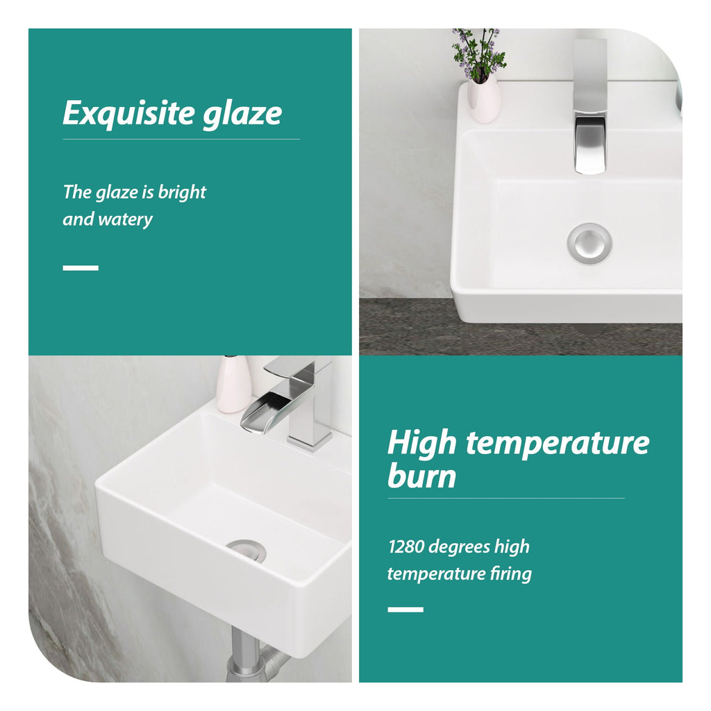 Ceramic Rectangle Wall Mount Bathroom Sink with Single Faucet Hole - White
