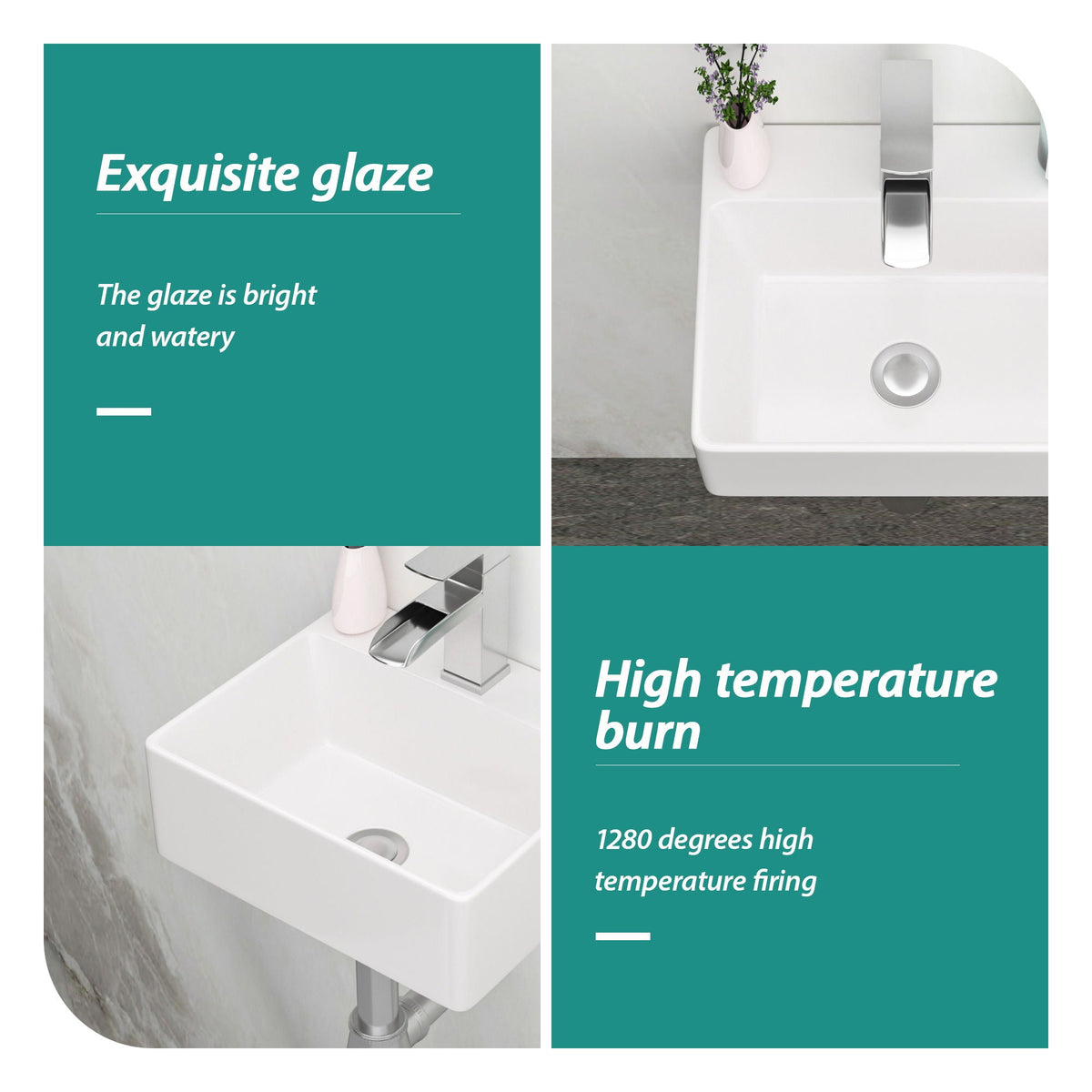 Ceramic Rectangle Wall Mount Bathroom Sink with Single Faucet Hole - White