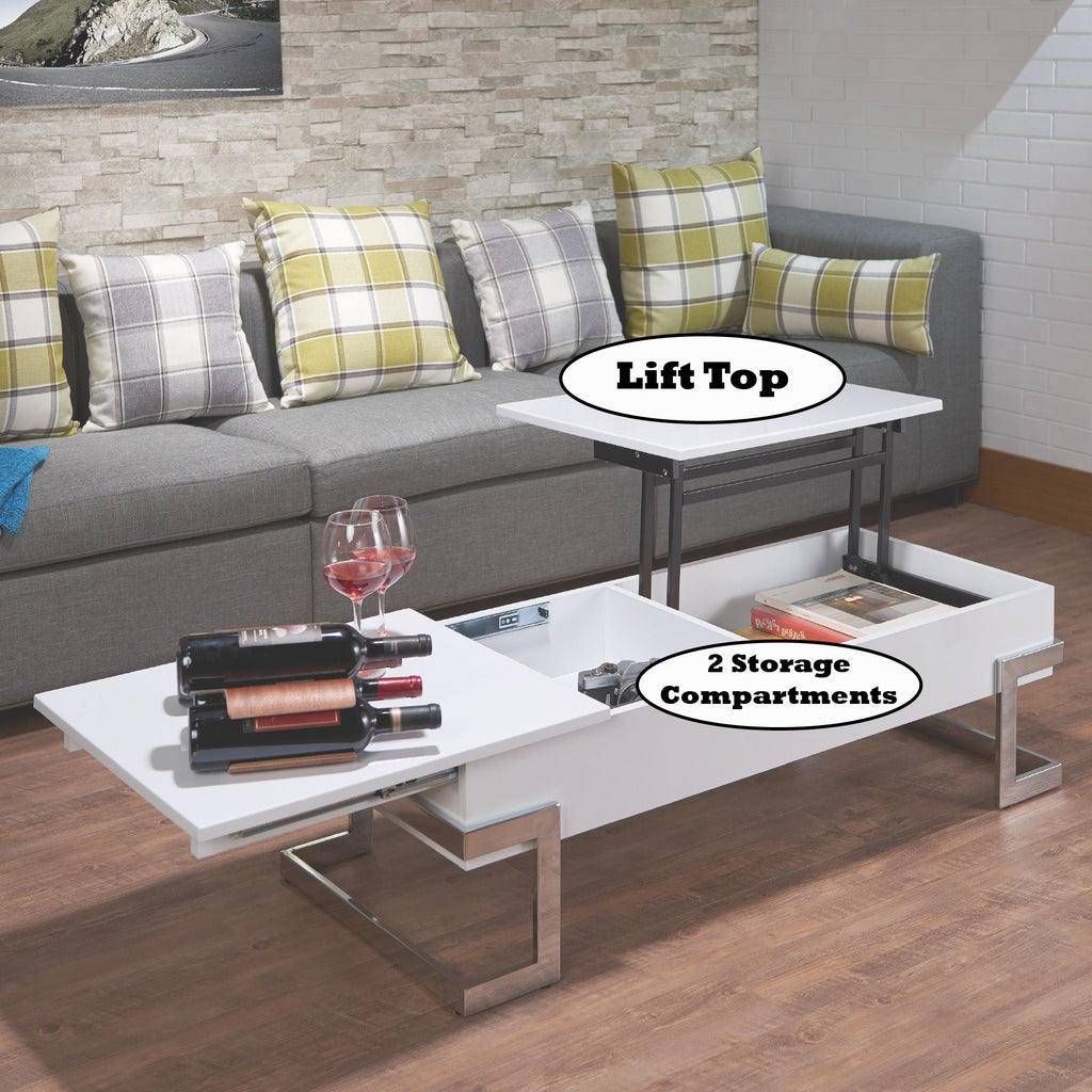 High Gloss Coffee Table with Lift Top and Hidden Storage - Black or White