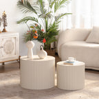 Beige Nesting Coffee Table Set of 2 – Modern Drum Side Tables with Wave Design - Beige