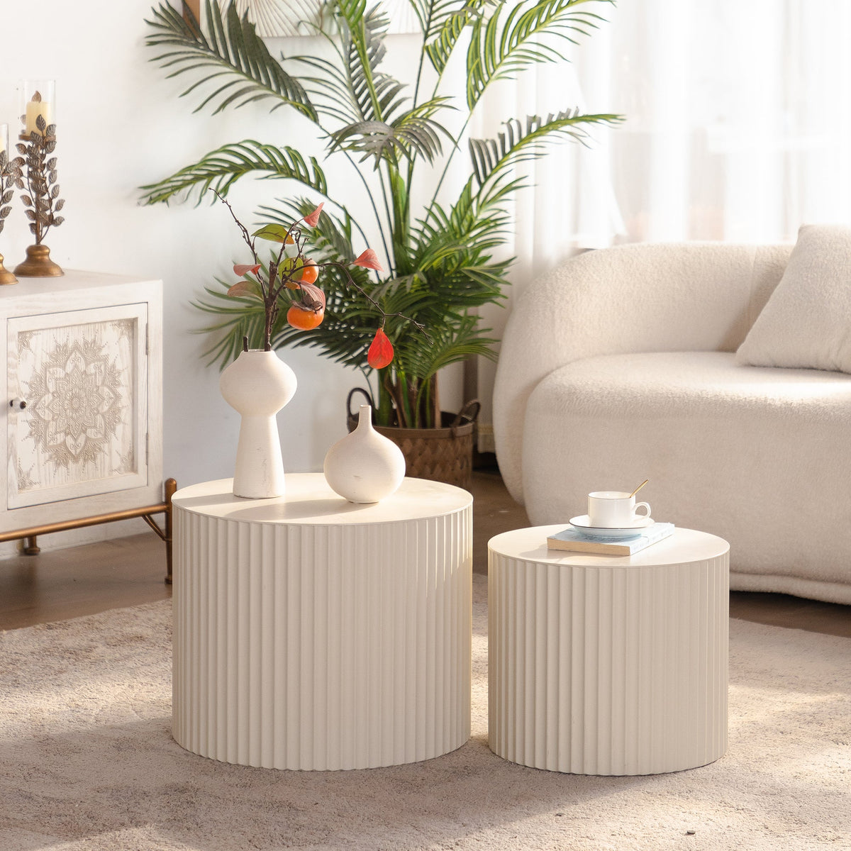 Beige Nesting Coffee Table Set of 2 – Modern Drum Side Tables with Wave Design - Beige