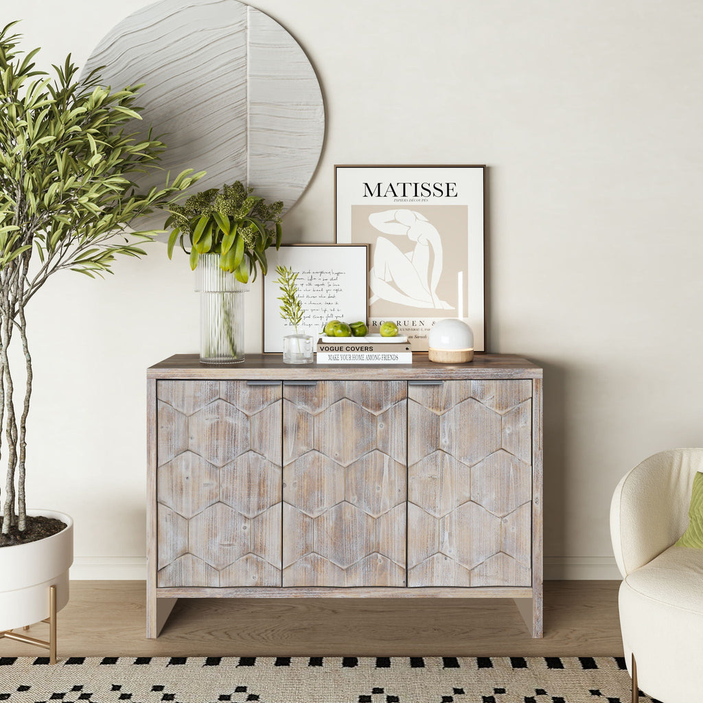 Farmhouse Style Wooden Sideboard with Adjustable Shelves - Light Brown