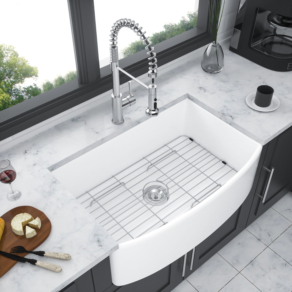 Ceramic Farmhouse Sink Apron Front Single Bowl with Arch Edge - White