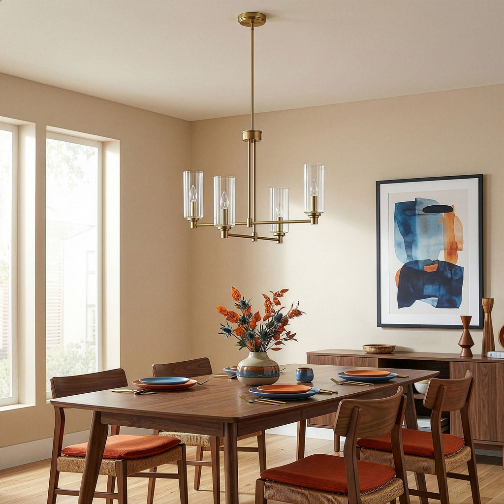 Enigma 4 Lights Chandelier With Clear Ribbed Satin - Antique Brass