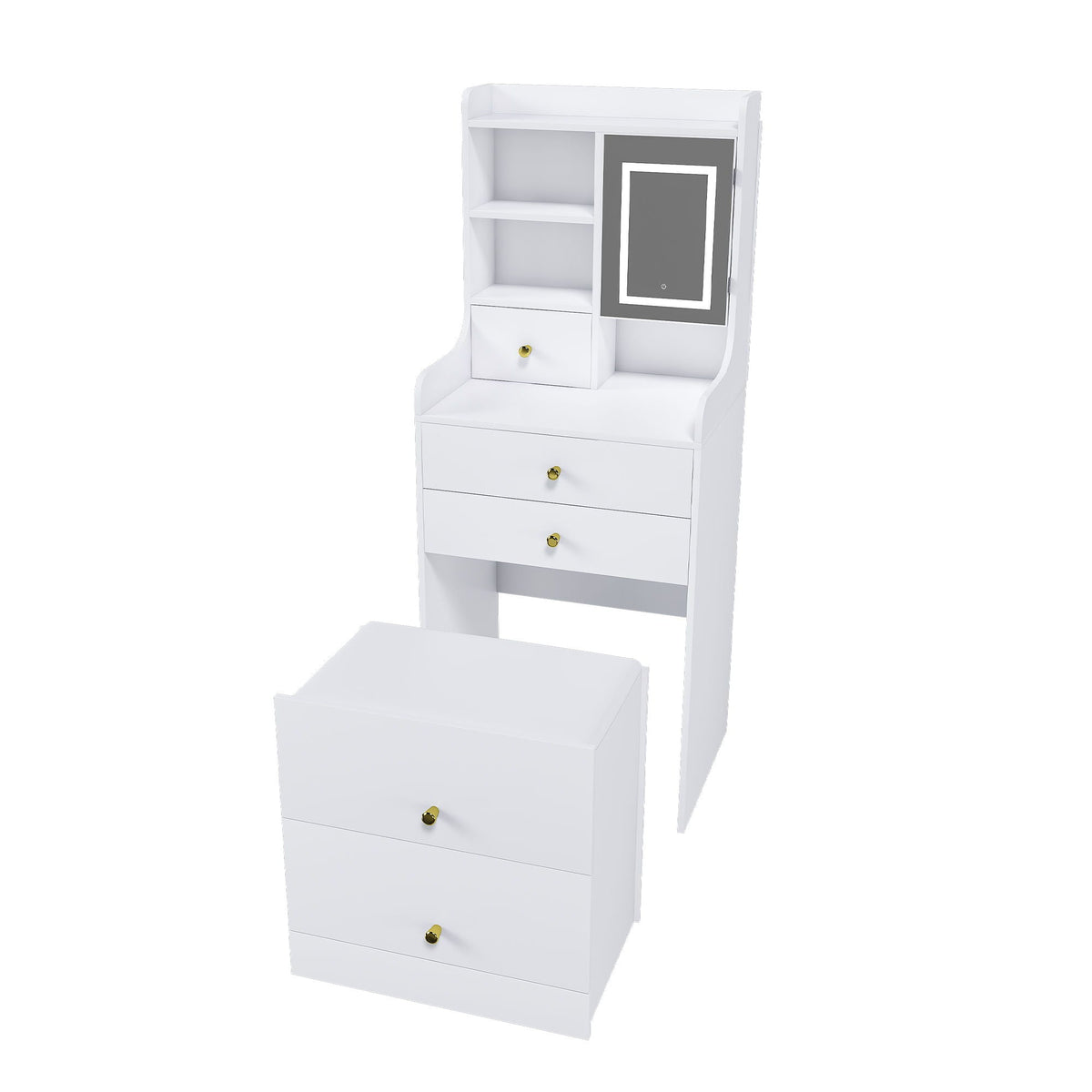 3-in-1 Dressing Table Vanity Set with LED Mirror and Storage - White