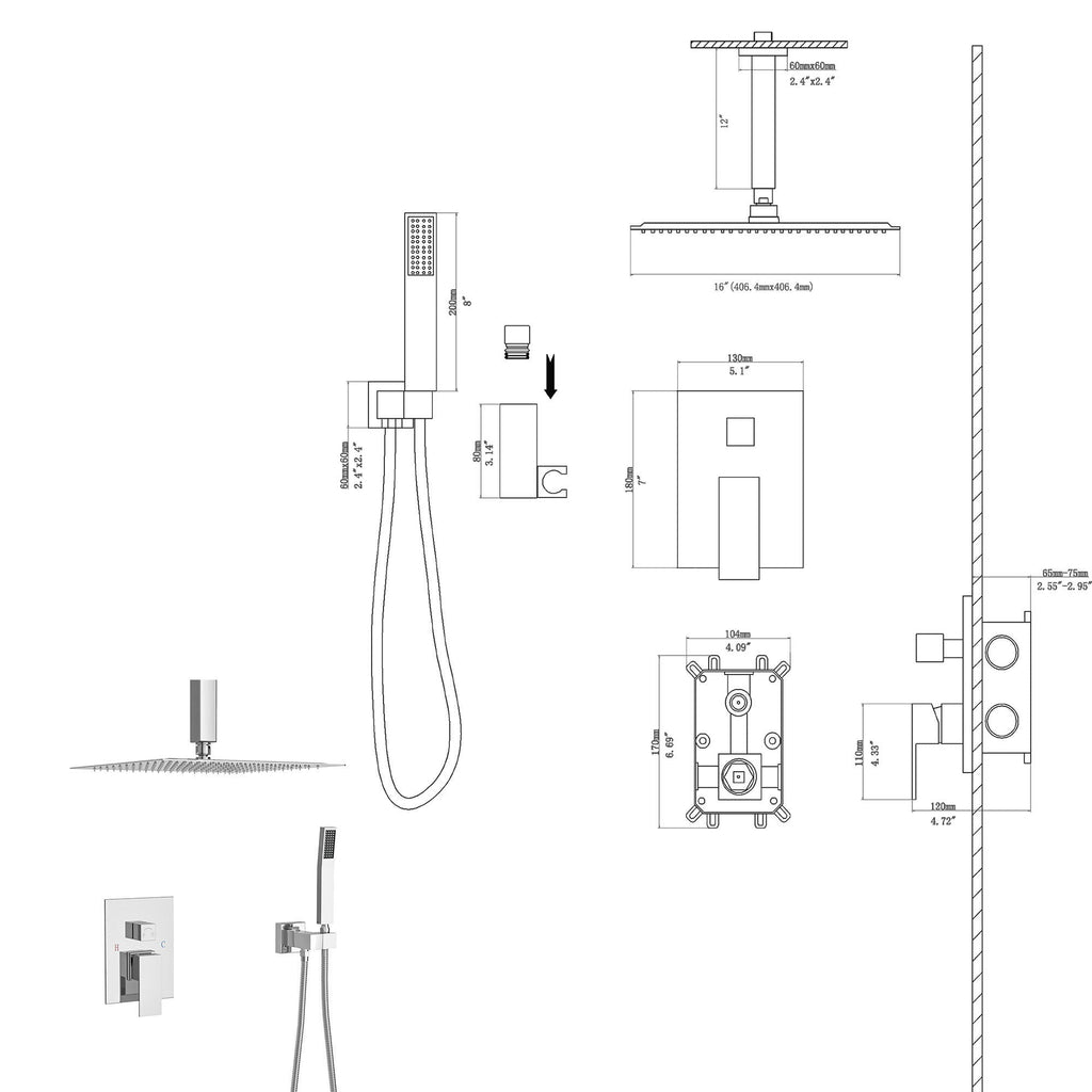 Modern Dual Shower Head System with 16" Ceiling Mount - Multiple Finishes