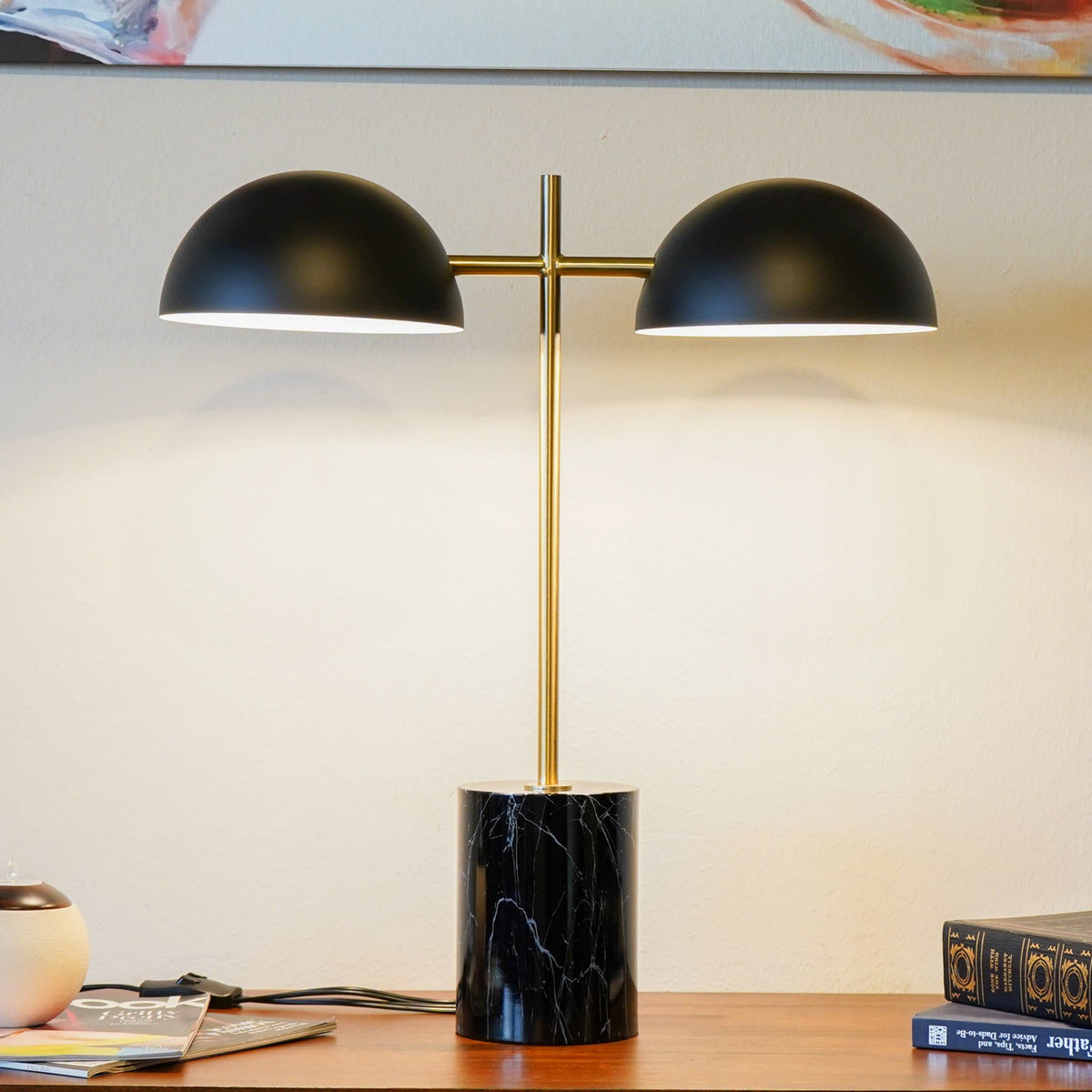 Hydro Table Lamp with Double Lamp and Marble Base - Black / Gold / Marble