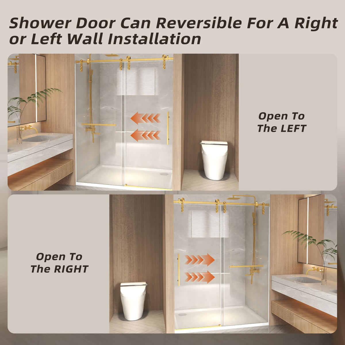 Frameless Sliding Shower Door with Clear Tempered Glass - Brushed Gold