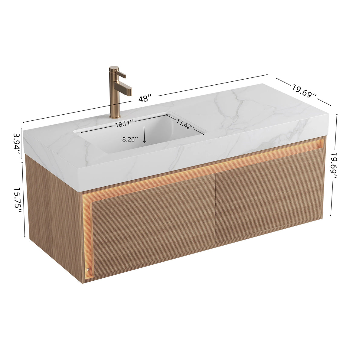 NYAH 48'' Floating Bathroom Vanity with Carrara Sintered Stone Sink - Oak