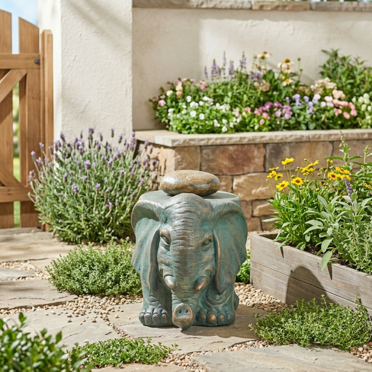 Elephant Garden Stool with Distressed Copper Patina Finish - Outdoor Accent Table