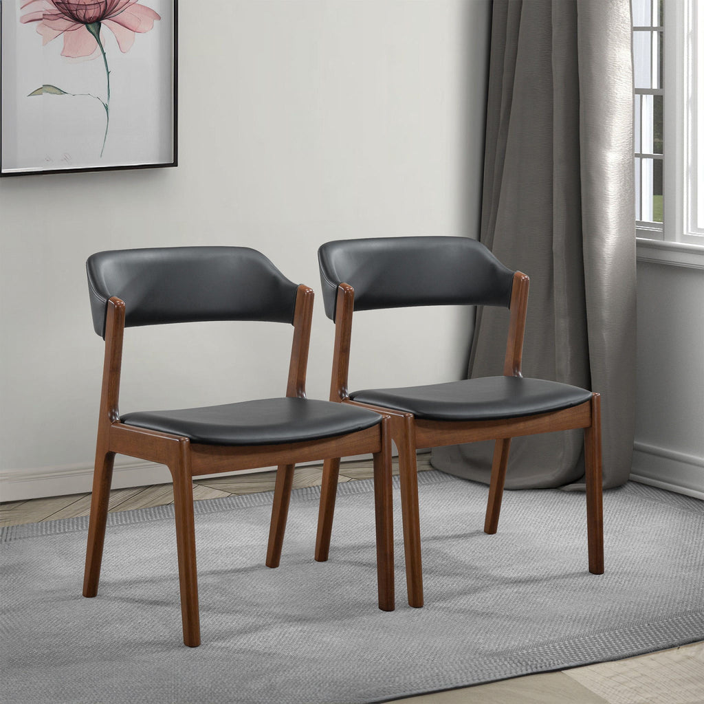Enzo Dining Chair Set of 2 with Black Vegan Leather - Black / Brown