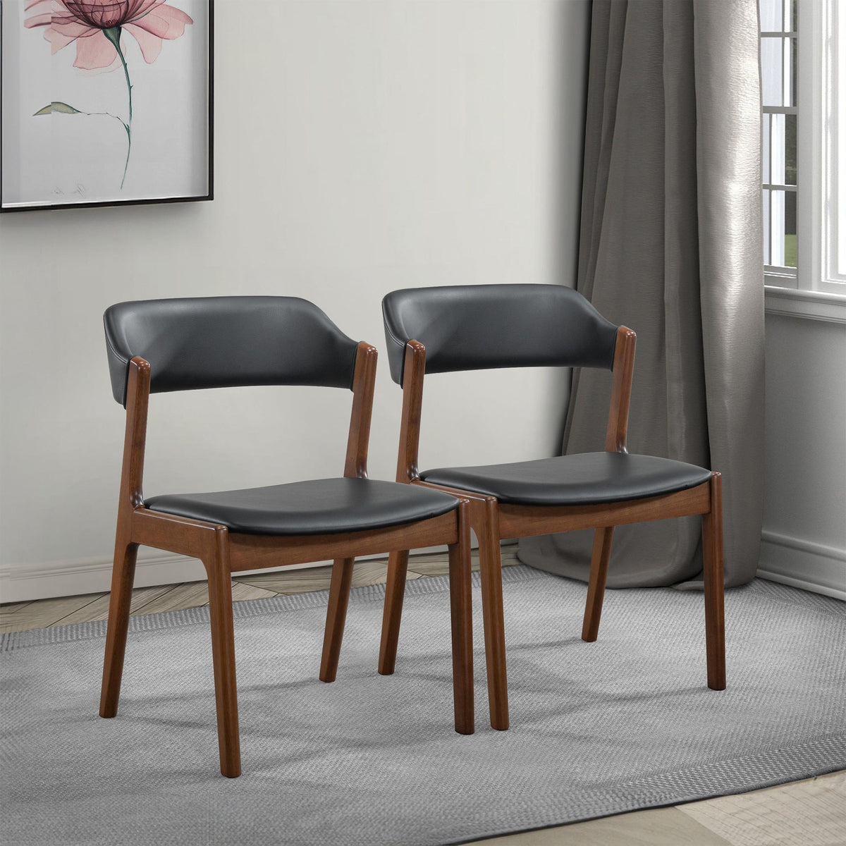 Enzo Dining Chair Set of 2 with Black Vegan Leather - Black / Brown