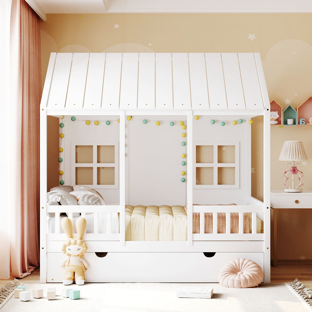 White House Bed with Trundle - Solid Pine, Full or Twin