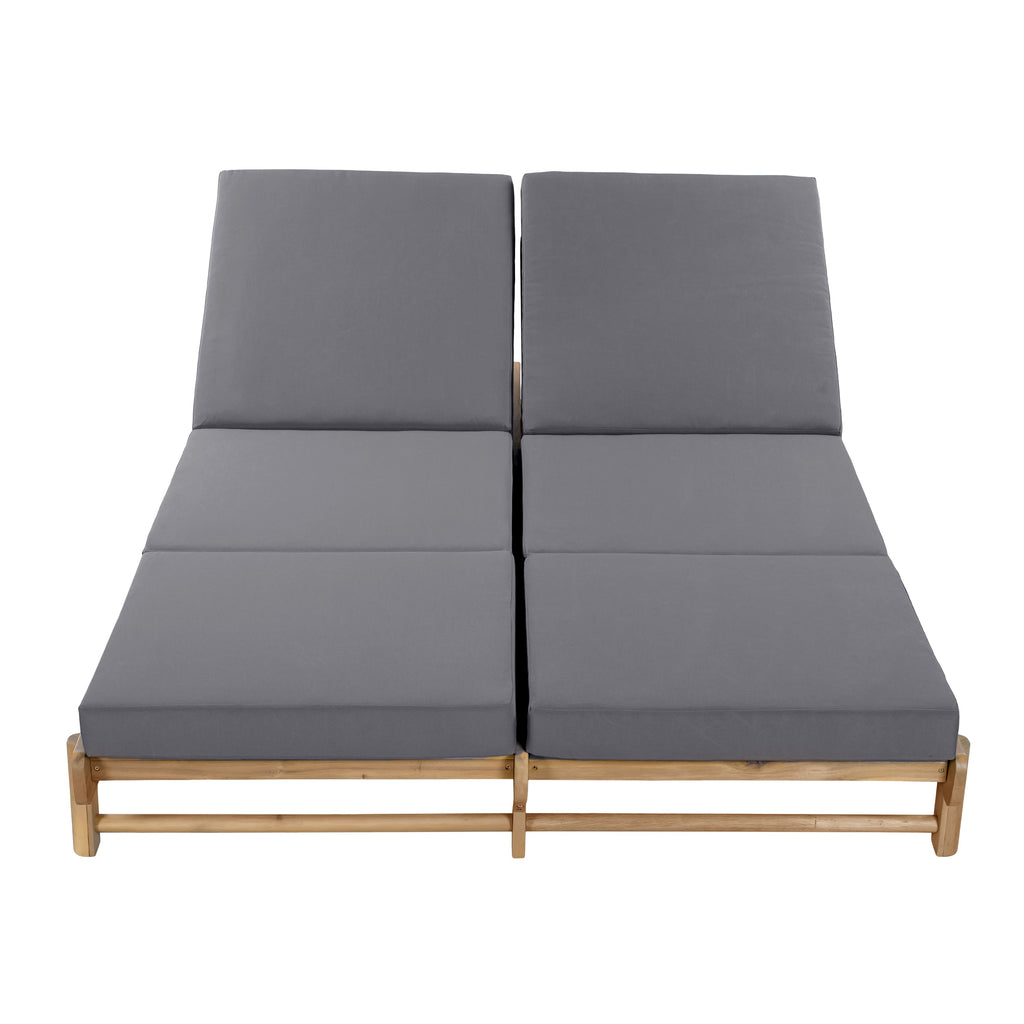 Light Teak Acacia Wood Double Chaise Lounger Set with Dark Grey Cushions - Patio Seating