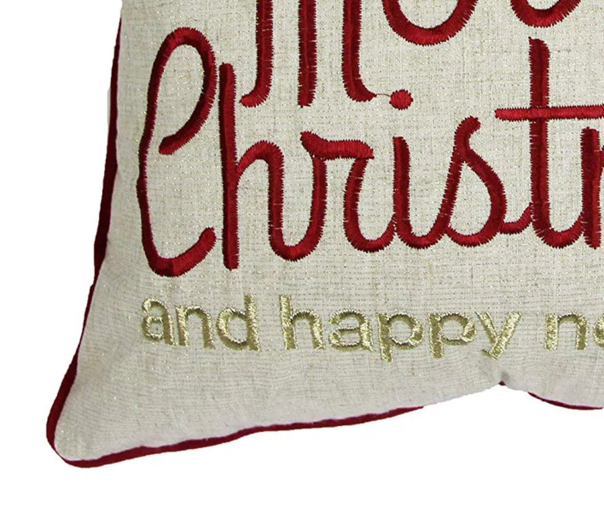 Christmas Throw Pillow with Embroidered Holiday Message - Red and Gold