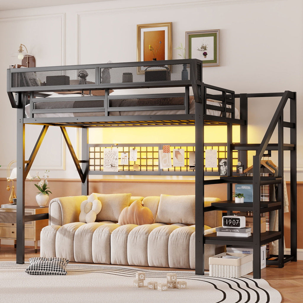 Black Loft Bed with Stairs, Storage Shelf, and LED Lighting